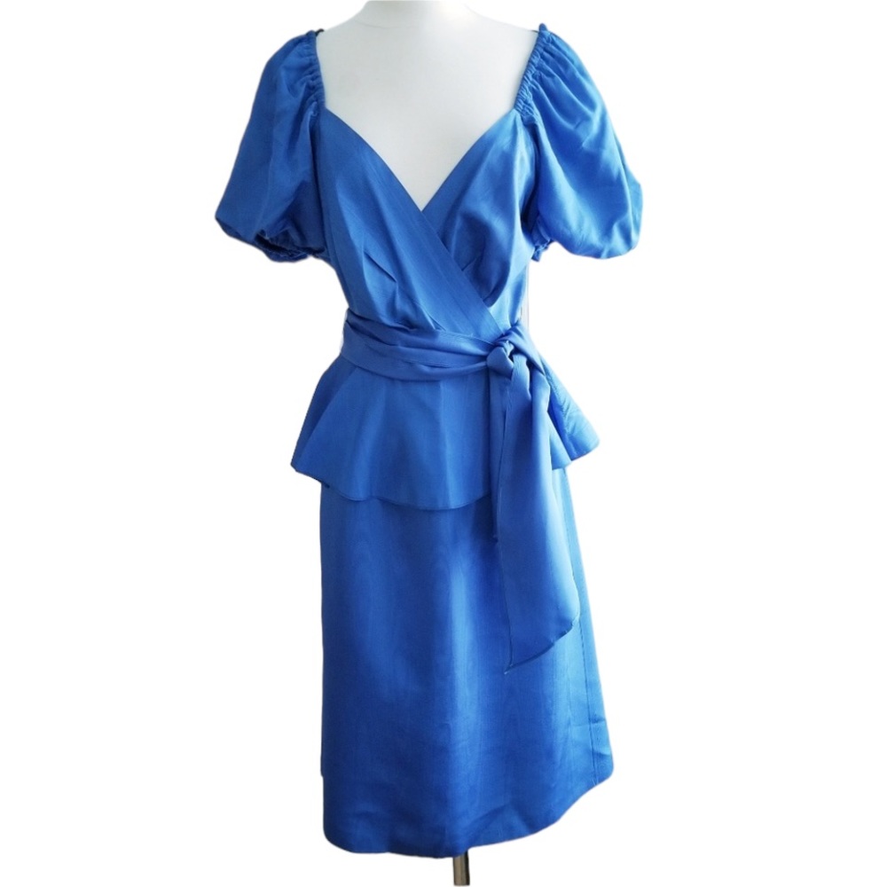1980s Unlabeled Royal Blue, Poly Peplum Dress